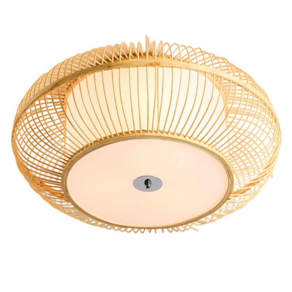 OZBMA Rustic Country Chandelier Bamboo Drum Pendant Light Fixture, New Chinese Style Natural Wicker Hanging Lamp Flush Mount for Kitchen Living Bedroom Restaurant (size_name 40cm)