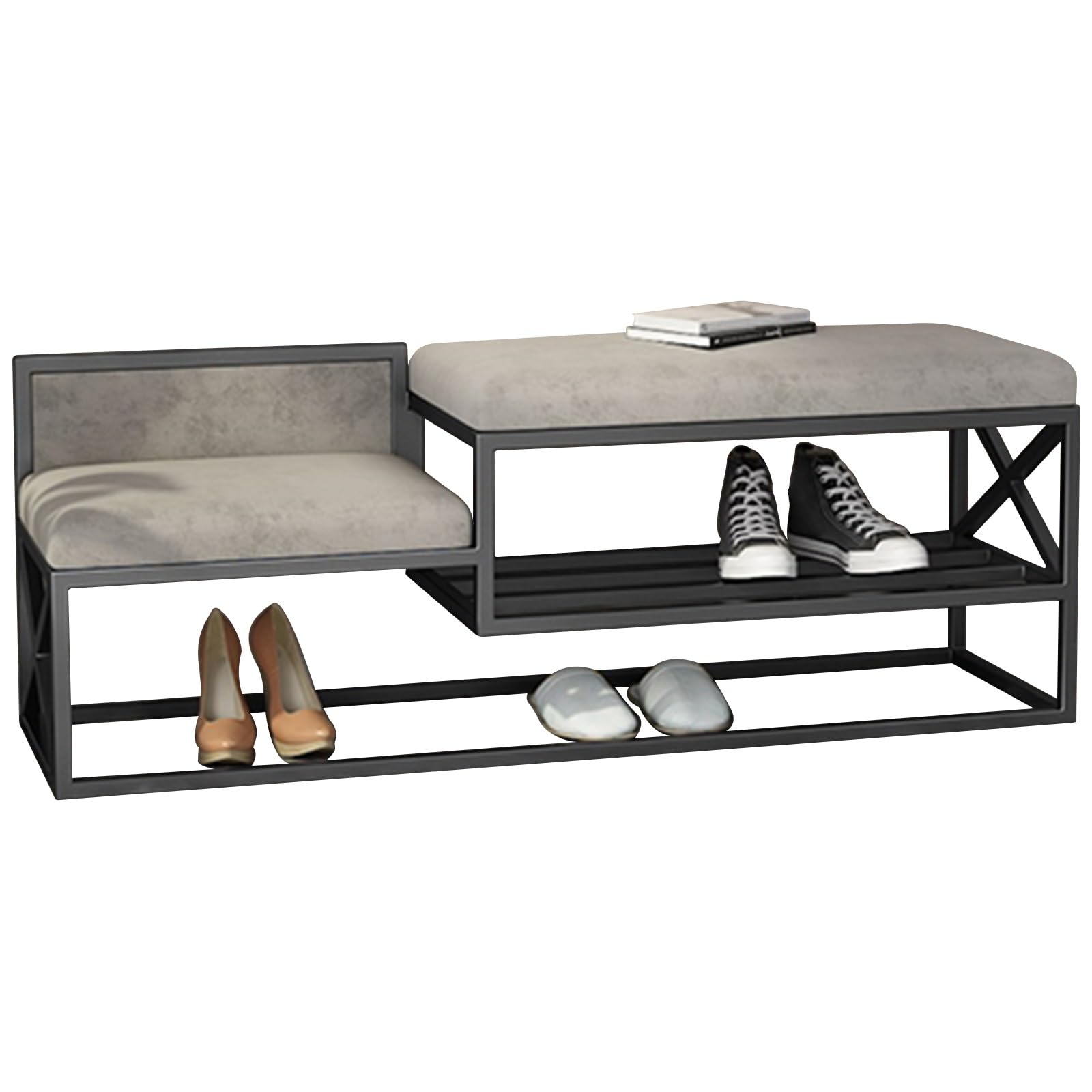 Banc à chaussures moderne en métal noir avec assises et rangement