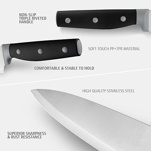 Miniatura 3 de hecef Juego de cuchillos de cocina de 6 piezas con bloque universal de cuchillos, hoja de acero inoxidable con mango de triple remache, juego de