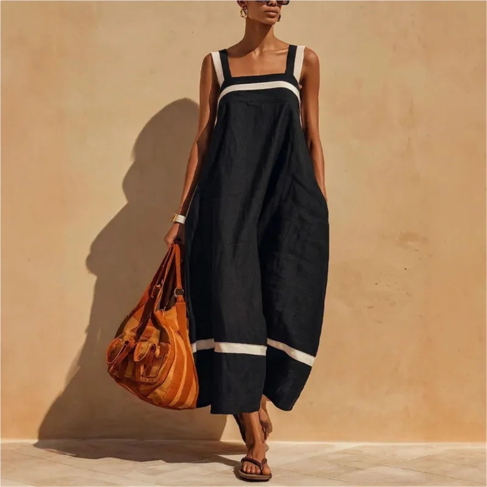 Vestido de Playa Verano con Tirantes Sueltos for Mujer, Falda Larga Lino Liso, Vestidos Simples Informales Moda