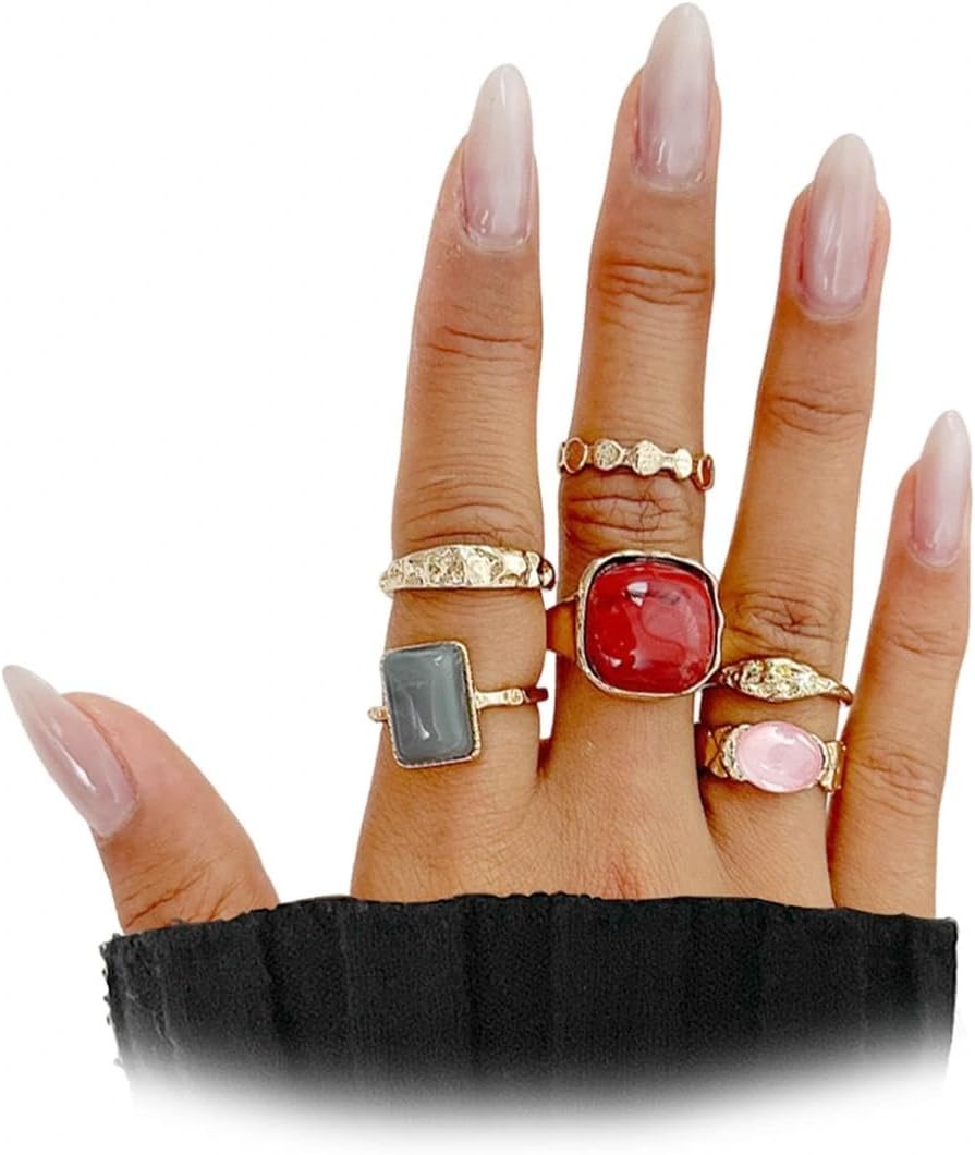 Chunky Gold Stackable Statement Finger Rings Red Gemstone Candy Crystal Knuckle Ring for Women Vintage Ellipse Midi Rings Fashion Prom Party Accessory