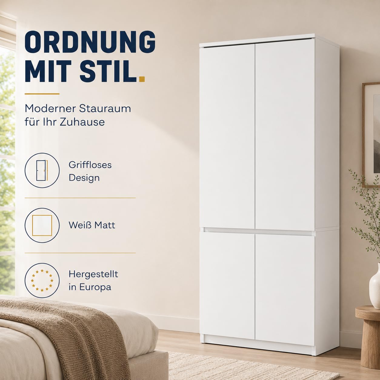 ELVA Kleiderschrank 80 cm – Grifflose Garderobe mit 4 Türen, Schrank für Schlafzimmer, Flur & Ankleidezimmer – 80x181,5x50 cm (Matt Weiß)