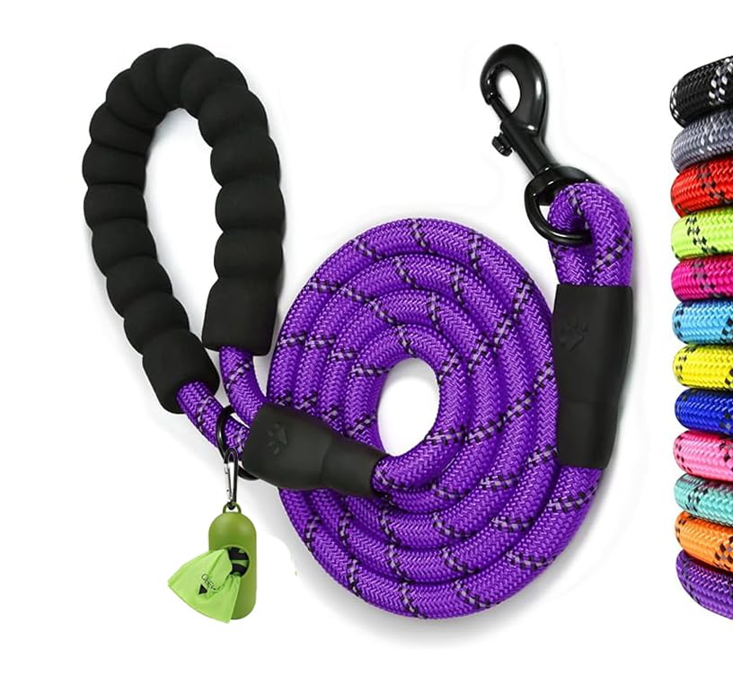 Rope Dog Leash with 120 x 1.2 cm Soft Padded Handle Reflective Lead and Multi Colour for Small Dogs, Purple
