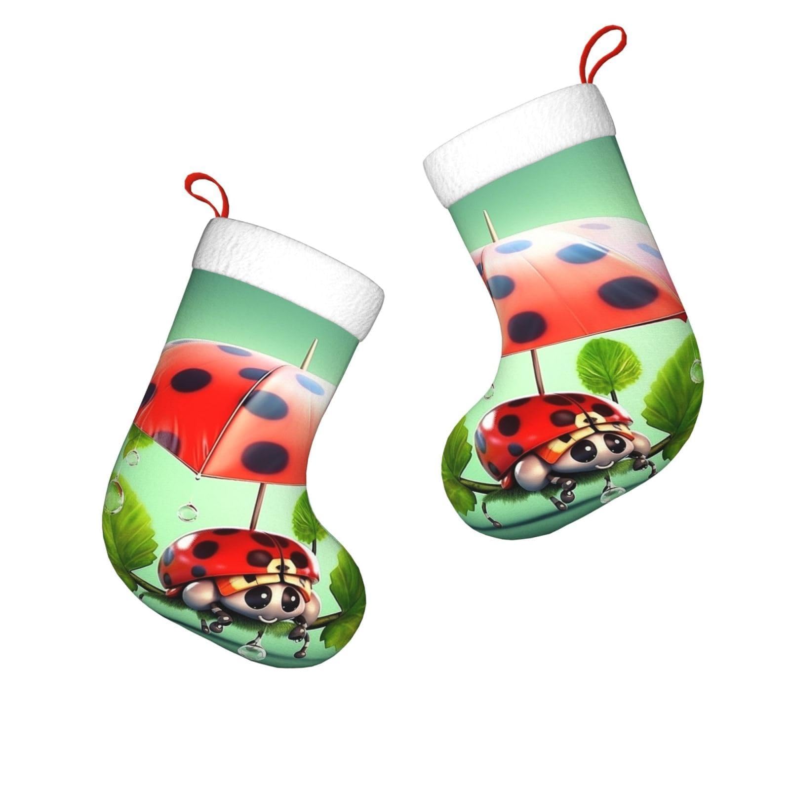 FodPand 17.7" Christmas Stocking 1 Piece, Funny Ladybug Holding Umbrellas Xmas Stockings with White Plush Cuff Fireplace Hanging Stocking for Christmas Holiday Party Decoration
