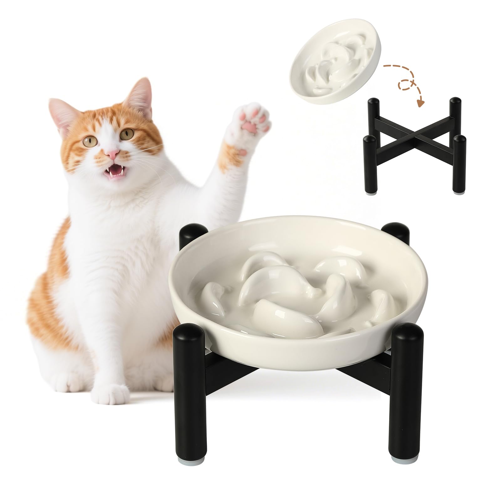 Elevated Slow Feeder Cat Bowl - Ceramic Cat Food Dish with Anti-Slip Stainless Steel Stand - Raised Maze Plate for Slow Eating - Ivory White