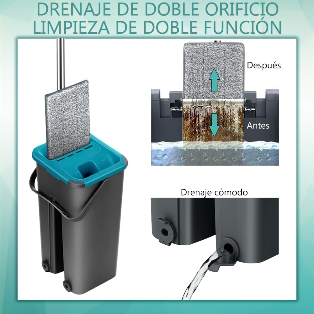 Mopa para Limpiar Azulejos y Paredes Mopa Fregona con Cubo Escurridor Trapeador Fregona Autoescurrible Mopas de Limpieza Suelos Mop Bucket Set 6 Almohadillas Gamuza Microfibra