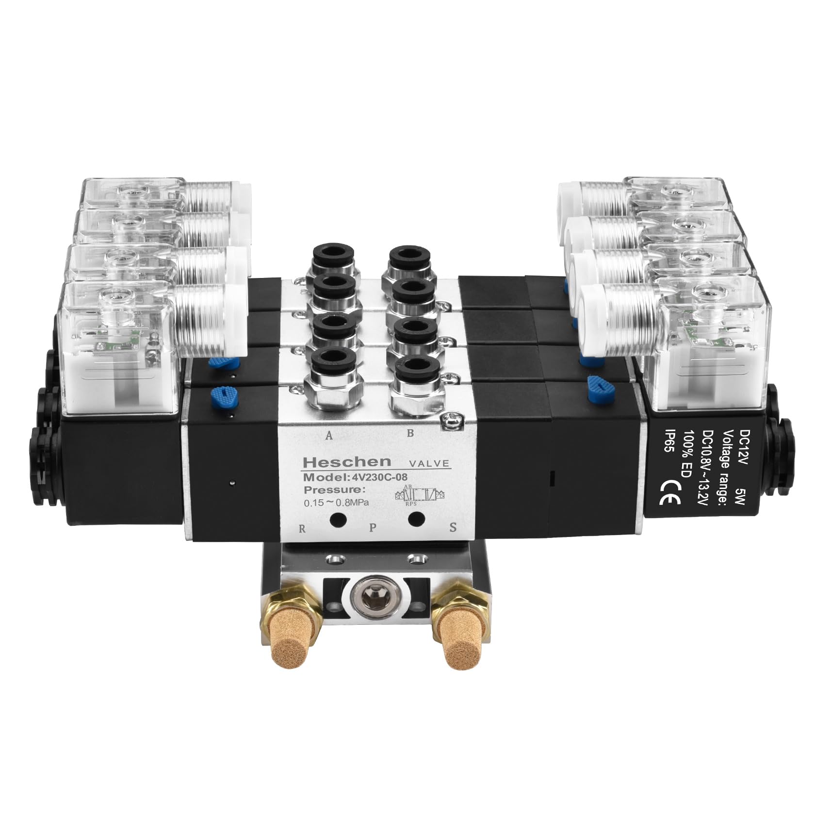 Heschen Electroválvula neumática eléctrica 4, 4V230C-08, 12VDC, PT1/4, 5 vías 3 posición, base del colector, silenciador, conjunto de accesorios rápidos, CE