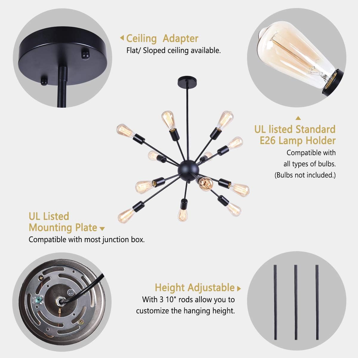 Merbotin 12 Lights Black Sputnik Chandeliers Mid Century Semi Flush Mount Ceiling Light Modren Hanging Lighting Fixture for Dining Room Kitchen Island Living Room Bedroom, Black: Home Improvement