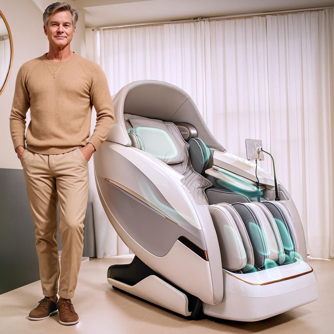 GLOBAL RELAX® | SAMADHI 6D Massage Chair | White | Voice Control | Zero Gravity I Complete Pressotherapy | Wireless Charging I Touch Screen | 20 Programs I Ambient Light I Bluetooth