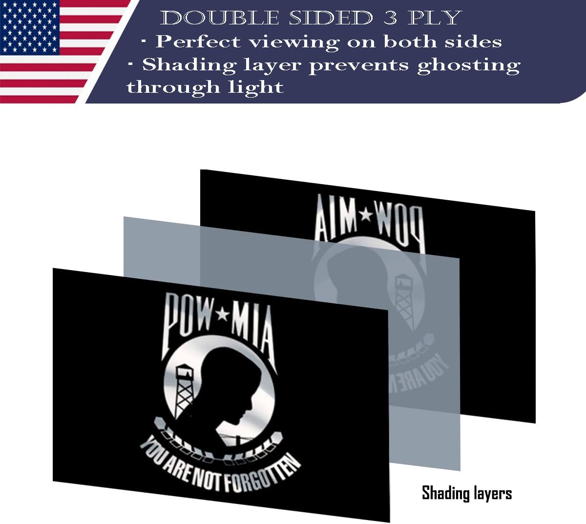 Double Sided Pow Mia Flag 3x5 Made in USA Outdoor Heavy Duty 3 Ply Polyester Black POW Flags swith White Starting Tape and 2 Brass Grommets
