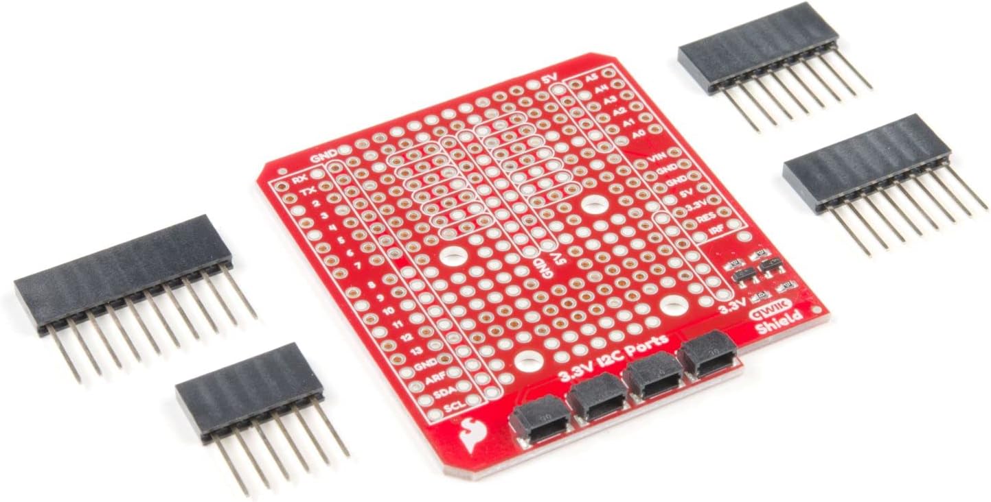SparkFun Qwiic Shield Compatible with Arduino-Simple to incorporate Qwiic connect system w/ R3 footprint system I2C 4 mounting ports 3-by-1 power rails & ground buses Converts 5V-3.3V Soldering Needed