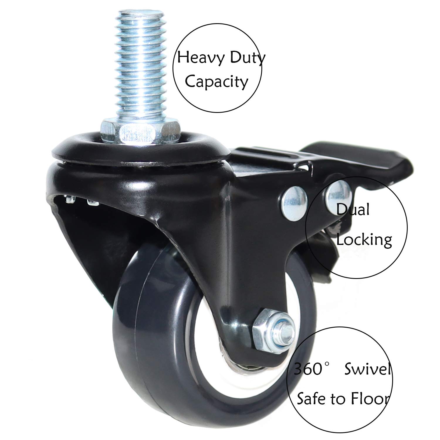 2'' Caster Wheels, Swivel Stem Casters 1/2'' - 13x1'' (Screw Diameter 1/2'', Screw Height 1'') 330Lbs Heavy Duty Threaded Casters No Noise PU Dual Locking Castors with Brake: Industrial & Scientific