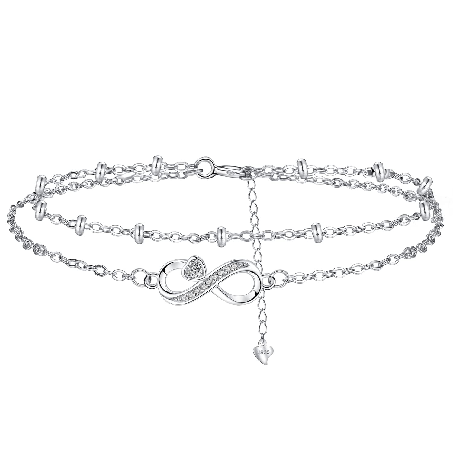 Hifeeled Damen Armband 925 Sterling Silber Doppelkette mit Kugelperlen für Frauen Original Schmuck Weihnachten Geschenk Mutter Ehefrau Freundin Verstellbarer [16+4cm]