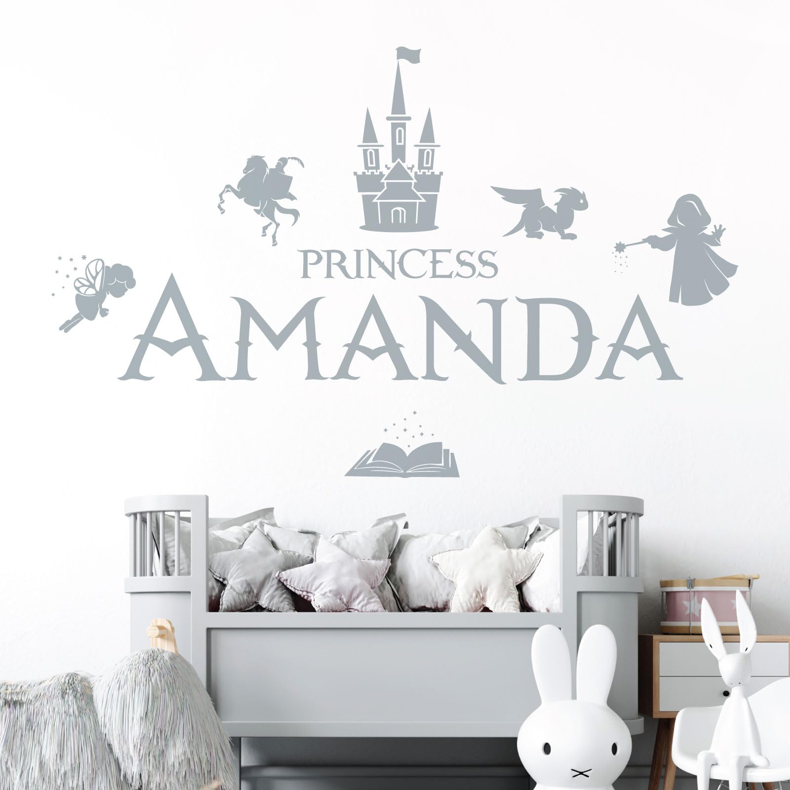 Personalised Name Girls Wall Art Sticker - Princess Castle Dragon Knight Magic Tale Wizard [Large] [Silver]