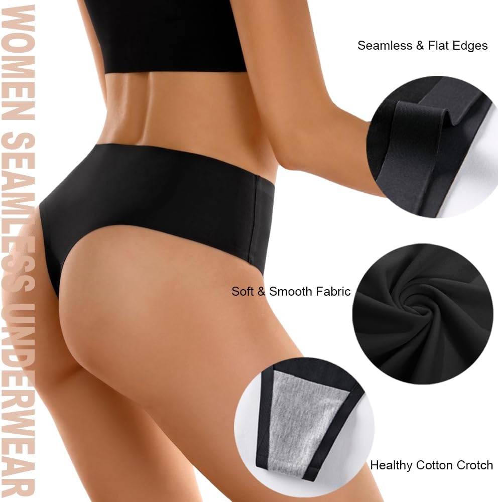 Women's High Waisted Thongs Underwear Seamless Hi Cut T Back Tanga Soft Smooth lingerie Panties Classic Undies 6 Pack - Image 3