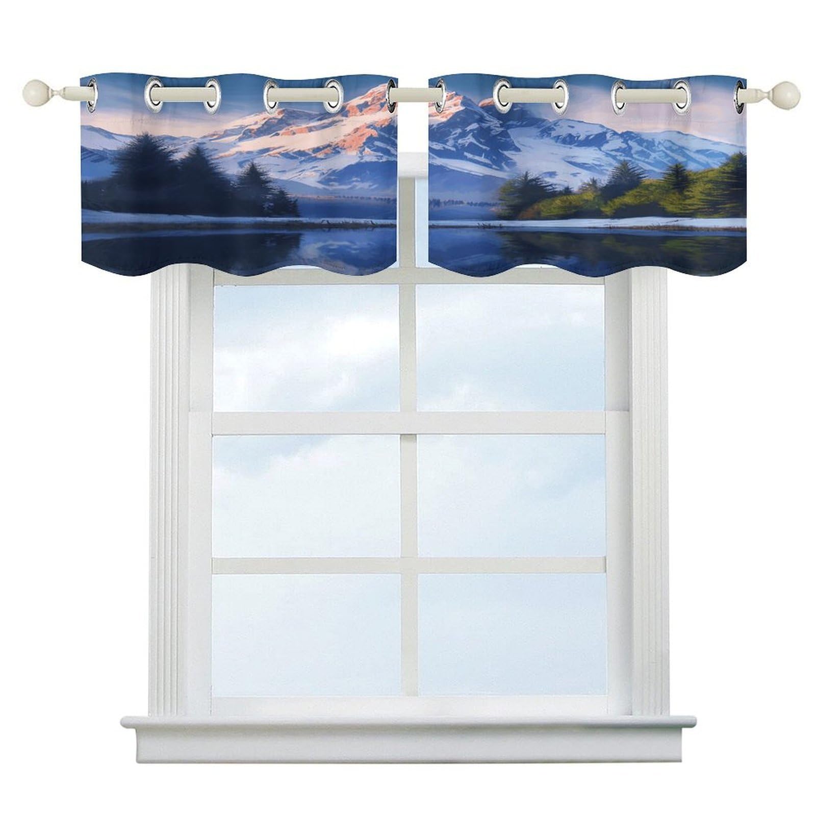 Cortinas opacas de montaña nevada y cenefa corta con bolsillo para ventanas de casa