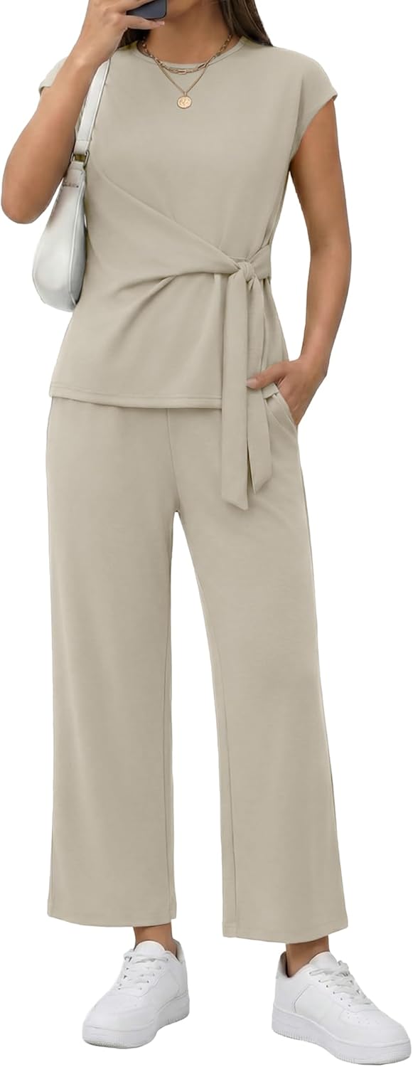 Casly Lamiit 2 Piece Set for Women Summer Casual Cap Sleeve Top with Belted Tie Crop Wide Leg Pants Travel Airport Outfit