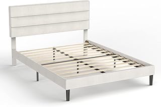 Bonsoir Queen Size Bed Frame Modern Horizontal Panel Upholstered Low Profile Platform With Tufted Headboard/No Box Spring ...