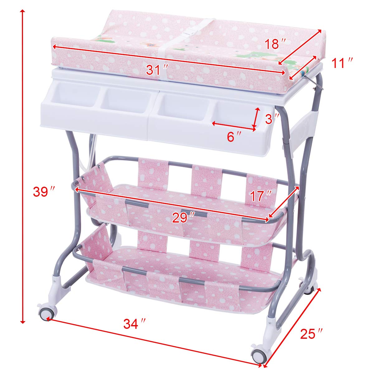 Changing Tables Baby 2 in 1 Infant Bath Tub Unit Pink Station Storage Dresser with Lockable