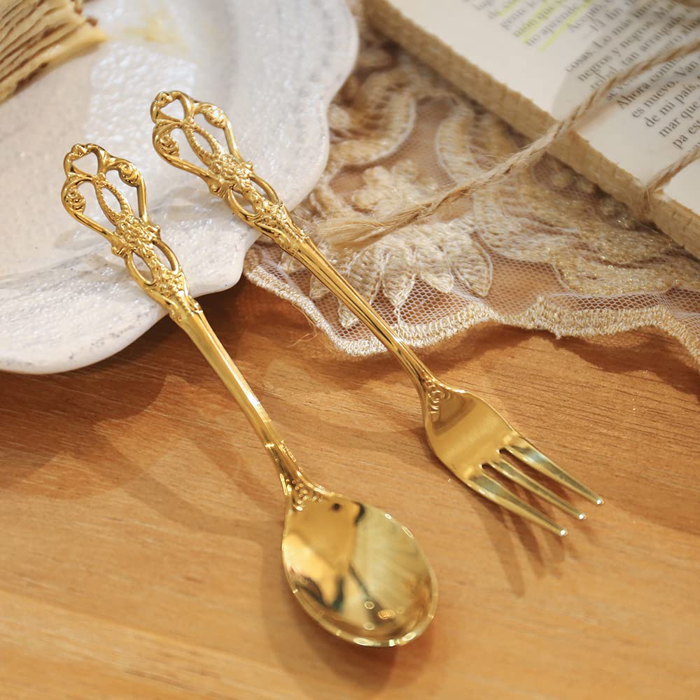 zestaw sztućców, Zestaw sztućców ze srebra, 24 szt. stali nierdzewnej Naczynia obiadowe Western Food Royal Tableware Christmas Fruit Widelce Noże Łyżeczki do kawy(Gold With Fork)