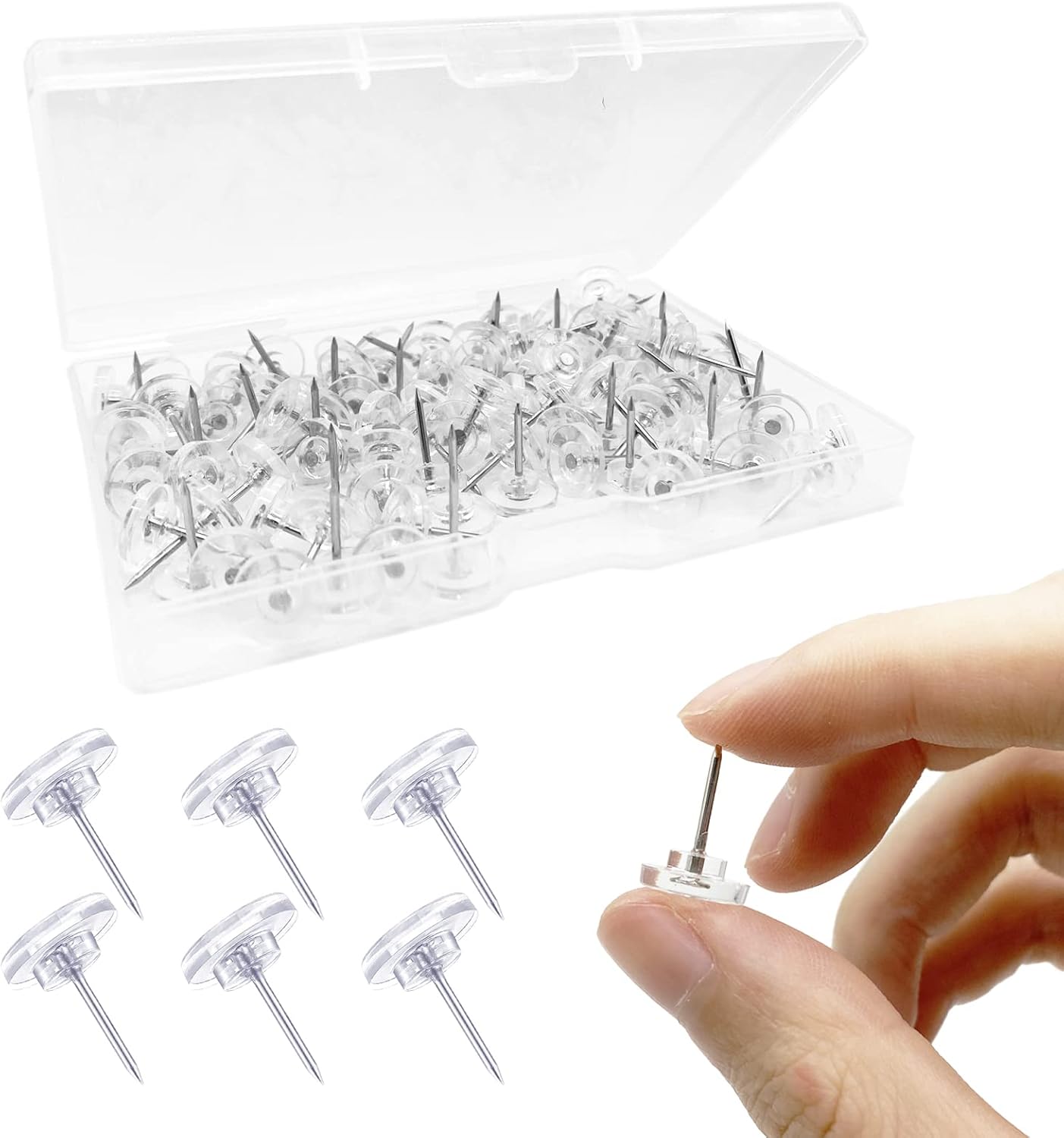 FITULABO 100 Pieces Plastic Push Pins, Plastic Head Steel Point Thumb Tacks for Wall, Cork Bulletin Board Tacks for Map, Calendar, Poster, Photo, Paper Craft, Document (Transparent) : Office Products