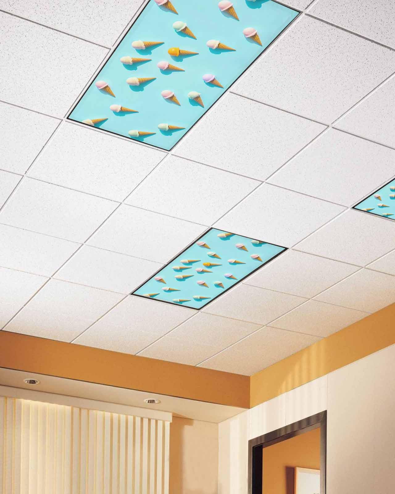 Zadaling 2 Pack Magnetic Fluorescent Light Cover, Summer Ice Cream Blue Pink 4 x 2 Feet Ceiling Light Filters Decoration for School Classroom Office Home Drop Lamp