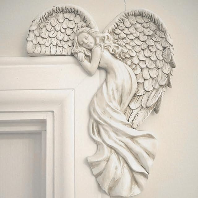 Vintage Shabby Chic Style Ivory Angel Wings Door Frame Ornament, Door Frame Angel Decor Statues Ornaments In Your Corner Resin Wall Sculpture Crafts (A)