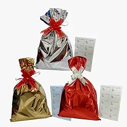 Kit 10 Sacos de Presente 25x37 cm, 10 Laços Fácil, 10 Etiquetas Adesivas para Presente (3 Cores:Dourado/Prata/Vermelho)