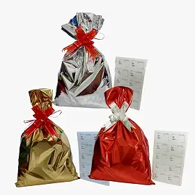 Kit 10 Sacos de Presente 25x37 cm, 10 Laços Fácil, 10 Etiquetas Adesivas para Presente (3 Cores:Dourado/Prata/Vermelho)