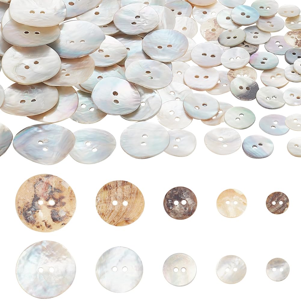 PH PandaHall 100pcs Natural Shell Buttons, 2-Hole Sewing Buttons 10/12/15/20/25mm Round Shell Buttons Craft Seashell Buttons for Cloth Coats Suits Jacket Blazers Jeans Skirts Sewing Craft Making