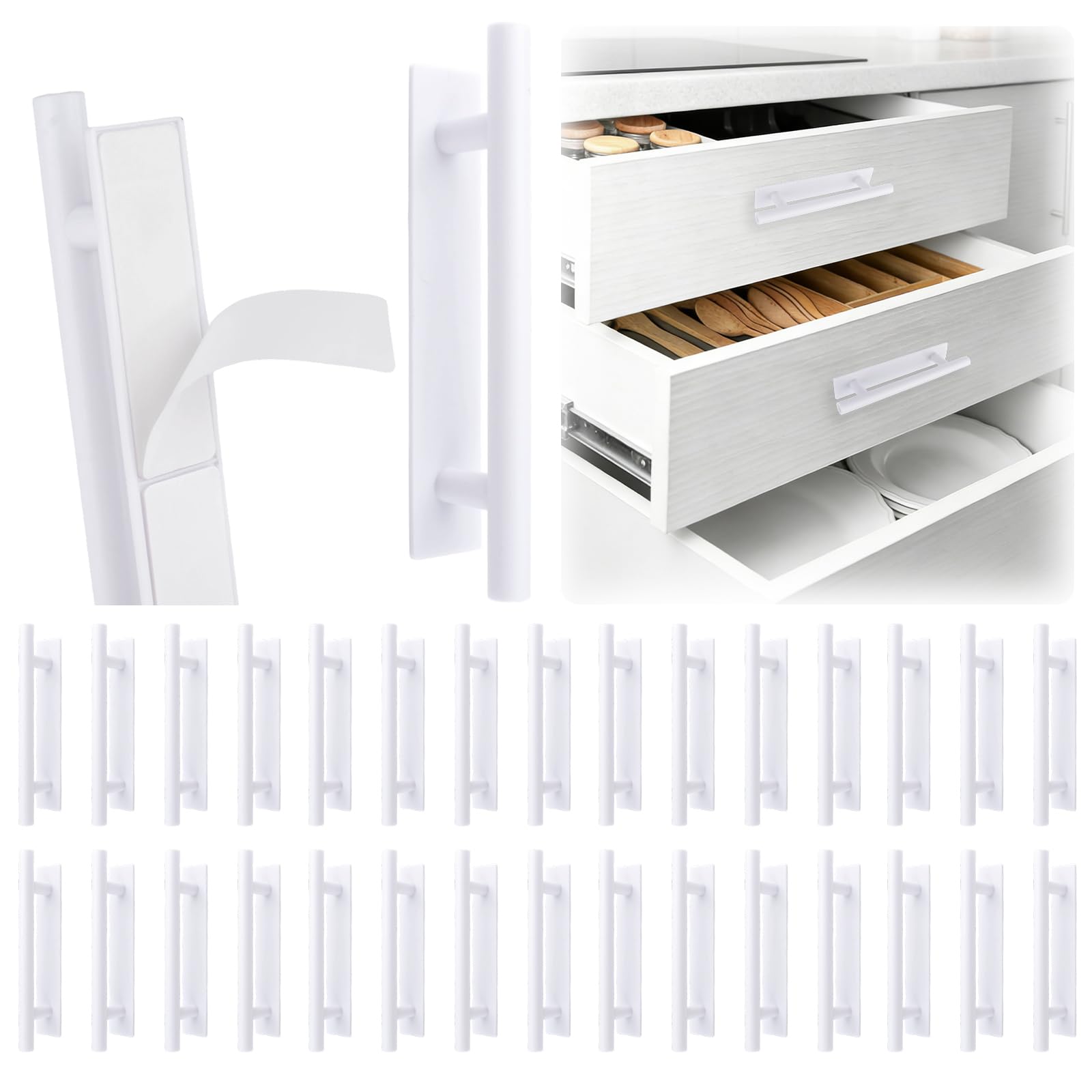 MOROBOR Self-Adhesive Long Handles, 30Pcs White Plastic Convenient Opening Door Handles Push Pull Helper with Plate for Kitchen Cabinet Window Sliding Closet Door
