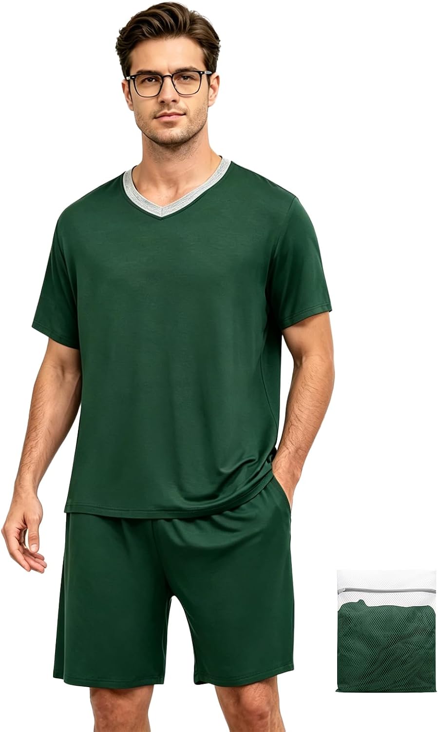Mens Pajamas Set, Big and Tall V Neck Short Sleeve Sleepwear with Pockets，L-XXXL