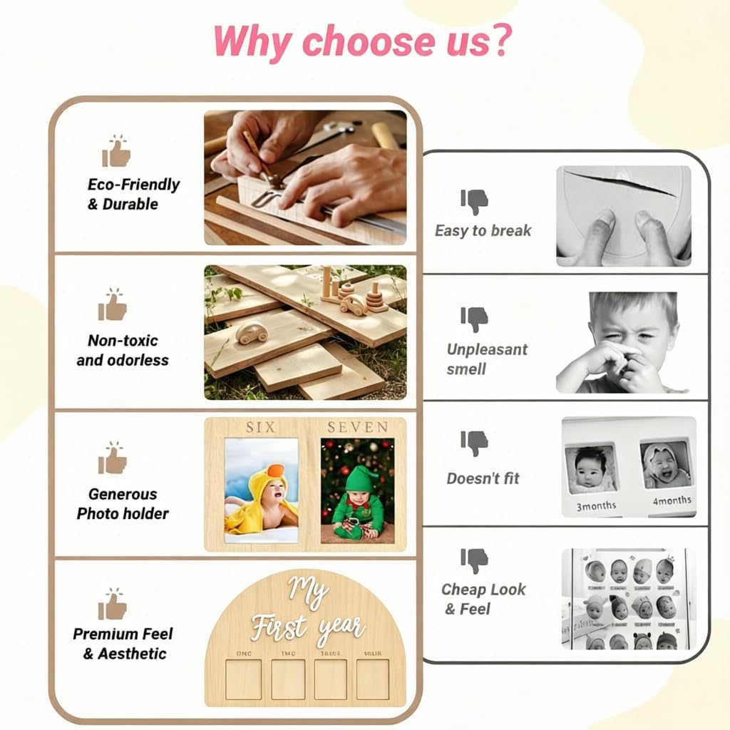 My First Year Photo Frame,wooden 12 month picture frame for baby first year, t 2x3 Inch Picture Holder With Hang Hooks, Desktop Display For Infant 0-12 Months, Birthday Party, Baby Birthday Keepsake Gift