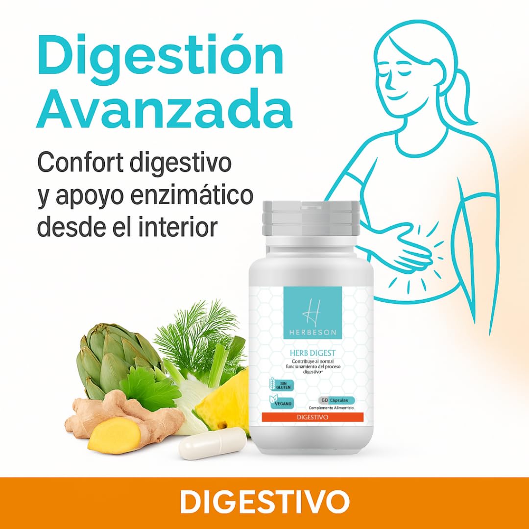 Confort digestivo y vientre plano con Alcachofa, Hinojo y Jengibre – HERBESON HERB DIGEST | Complemento vegano sin gluten con enzimas digestivas y Piña – 60 cápsulas (60)