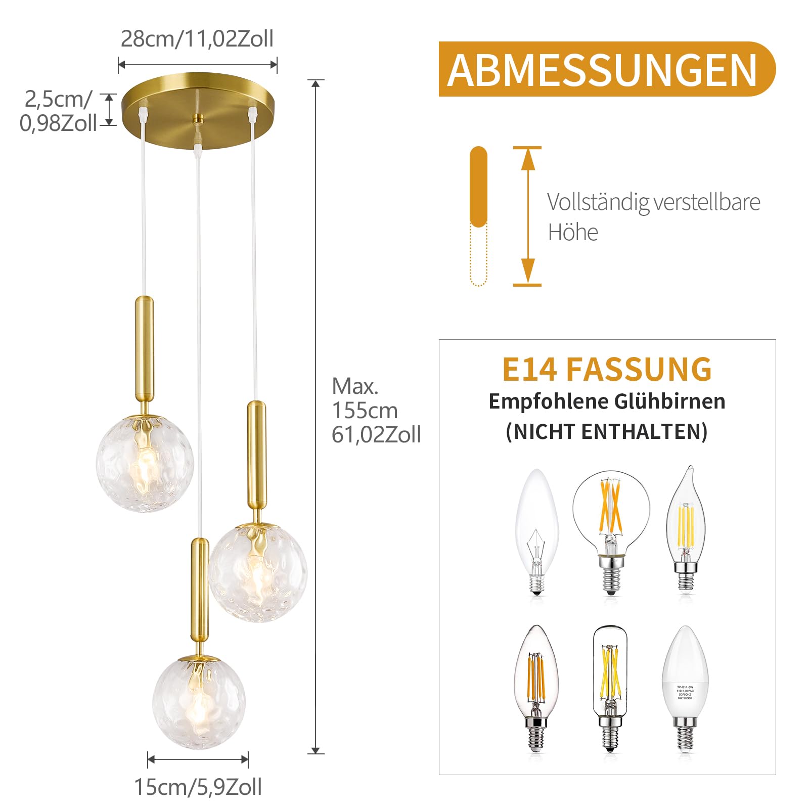 Moderne Gold Leuchte Pendelleuchte für Kücheninsel Mid Century Pendelleuchten mit Kugel Klarglas Weißglas Pendelleuchte für Esszimmer Bad Eingang Schlafzimmer(3-Licht)