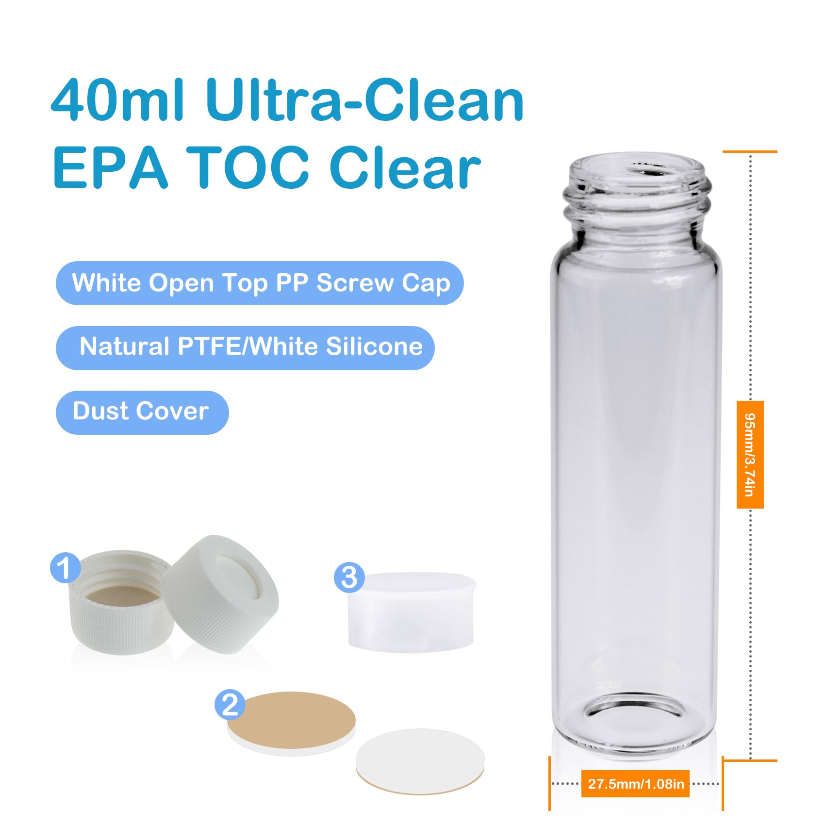 ALWSCI 72 Stück TOC-Probenflaschen Labor-Klarglasfläschchen, Borosilikat-Klarglas 40 mL Schraubhals-Fläschchen mit weißem PP-Schraubverschluss, PTFE-Silikon-Liner, Ultra-Clean