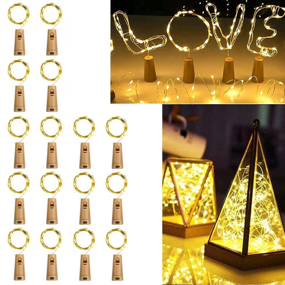 XhuangTech Bottle Light with Cork, 2M 20 LED Cork Lights, Copper Wire Fairy Light Battery Operated, LED Bottle Light for Gin, Wine, Table Decorations, Parties (Warm White-16Pack)