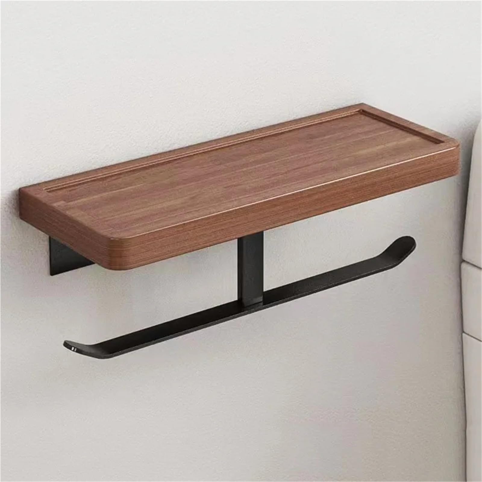 Portarotolo WC adesivo con mensola Porta carta igienica con ripiano | Senza trapano in legno di noce, appendiabiti a parete for rotoli di carta velina(Black)