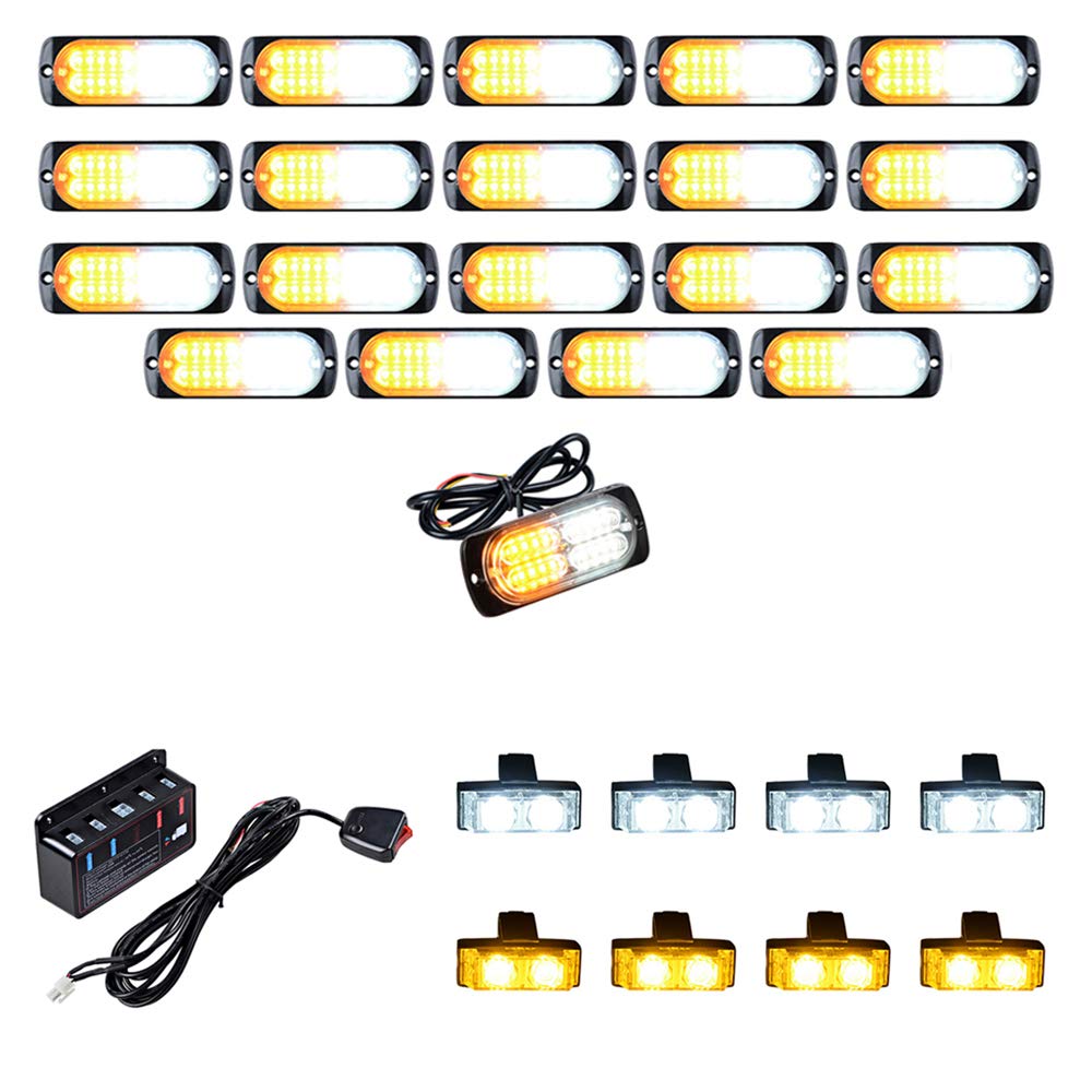 Astra Depot 20PCS Ultra Slim 20-LED 60W Emergency Hazard Caution Surface Mount Strobe Light & 8pcs Car Truck Grille Deck Dash Flashing Light - Amber White