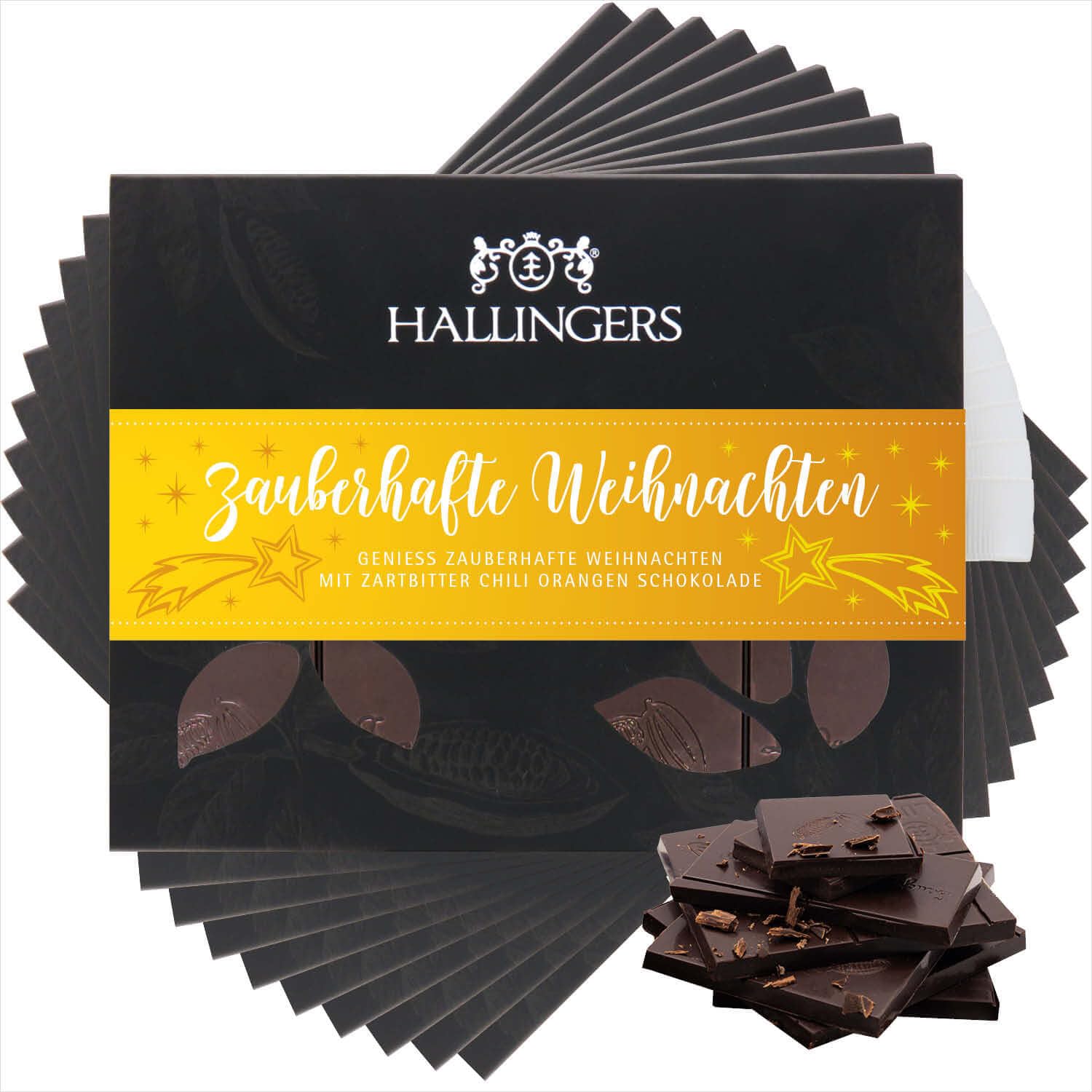 Hallingers Genuss Manufaktur Vegane Schokolade Weihnachts-Geschenk - Tafel handgeschöpfter Edelkakao ohne Alkohol edler Karton 10x "Zauberhafte Wei..." Orange-Chili, Weihnachten für Frauen Männer
