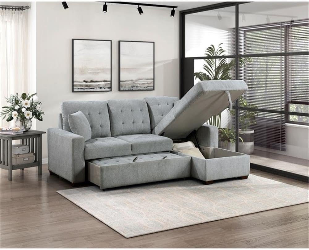 Pemberly Row Velvet 2-Piece Sectional Sofa, Gray Upholstery, Pull-Out Bed, Right-Side Chaise with Hidden Storage, Solid Wood Frame with Espresso Finish, 75 in Seat Width, Includes 2 Matching Pillows