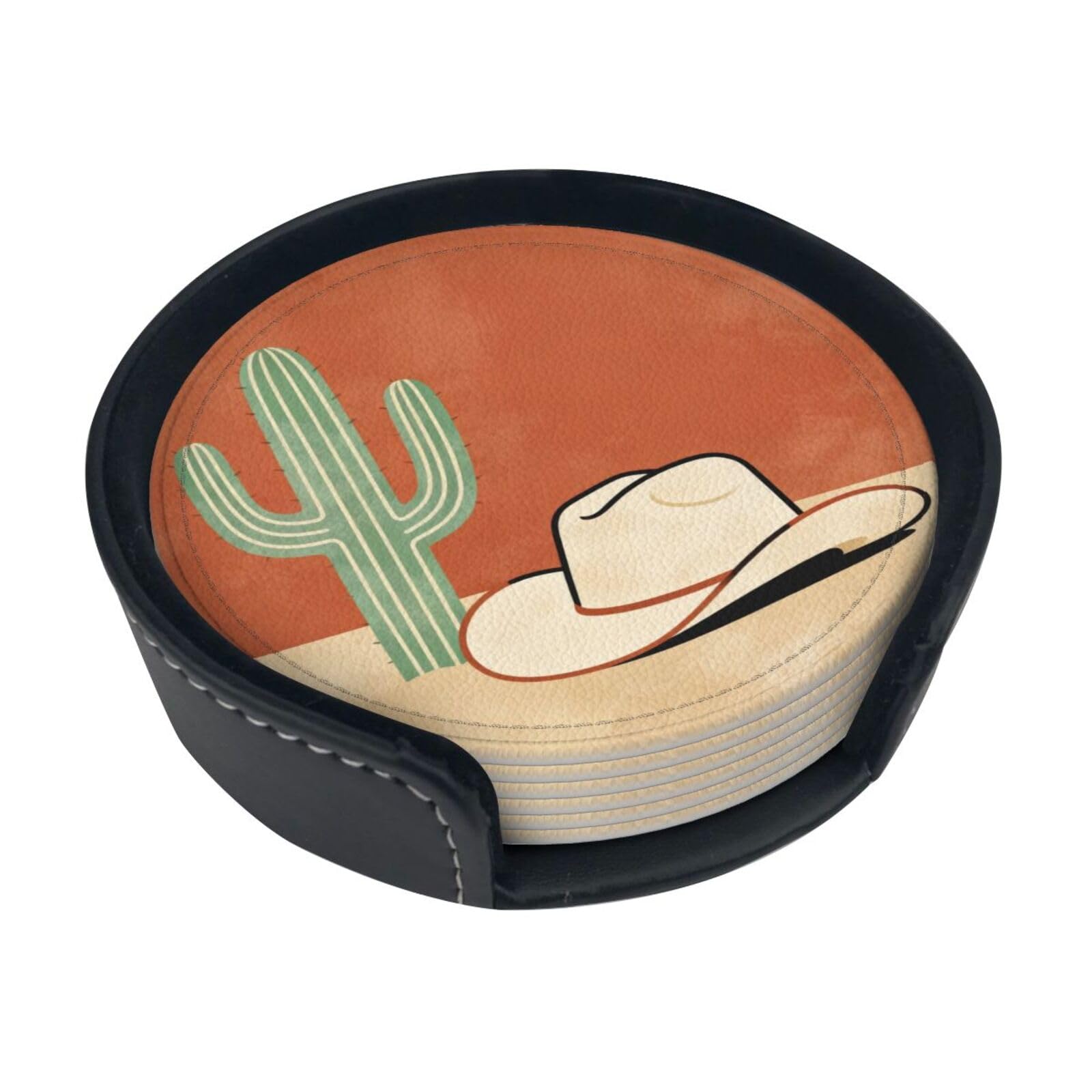Western Cowboy Leather Coasters-Set of 6 with Storage Holder
