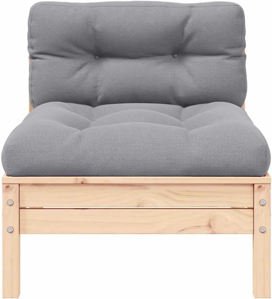 3 Piece Patio Lounge Set, Solid Pinewood Frame, Gray Cushions, Modular Outdoor Furniture for Garden, Balcony, Deck, 25" x 25" x 24.6" Middle Sofa