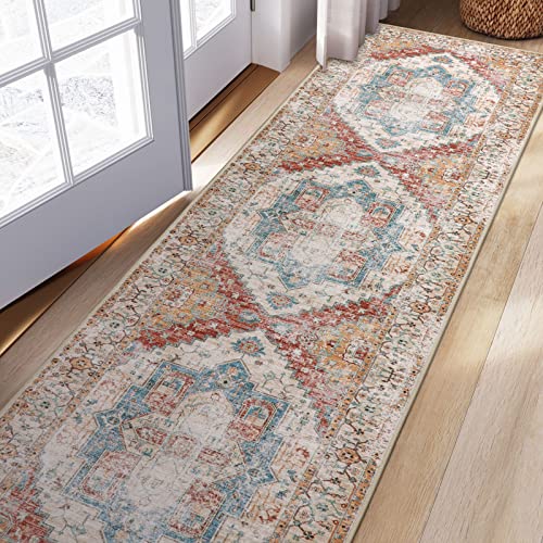 Lanffia Washable Rug Runner 2X8, Persian Distressed Hallway Runner Tribal Entry Throw Rug Non-Slip Low-Pile Indoor Accent Rug Runner For Front Entrance Kitchen Laundry,Yellow/Multi #TOP3