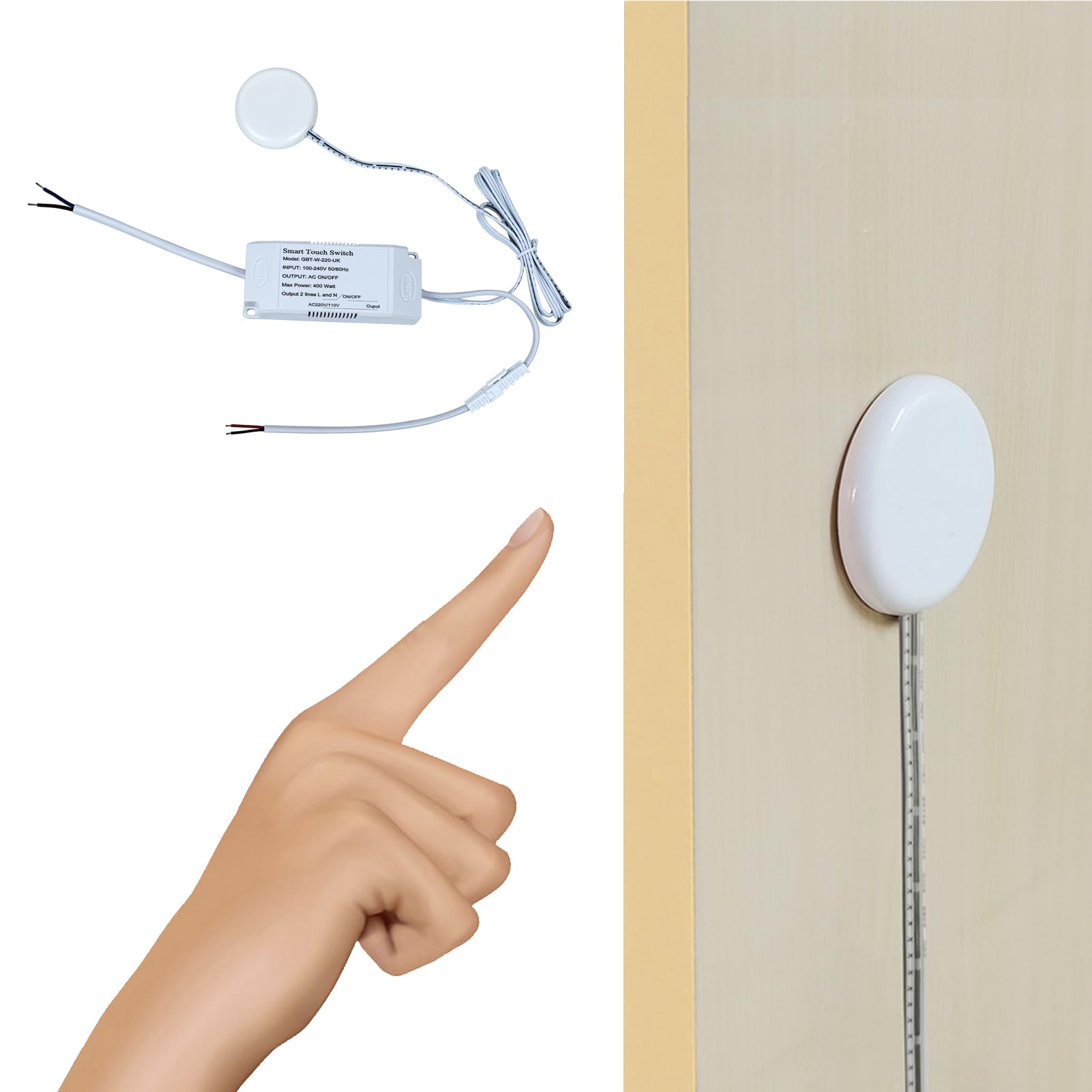 STBTECH Hidden Touch Control Switch, AC 220V 400Watt Touch Sensor Switches for Lamp on/off, Penetrable Wood, Stone, Glass and More, No Hole Required (White)