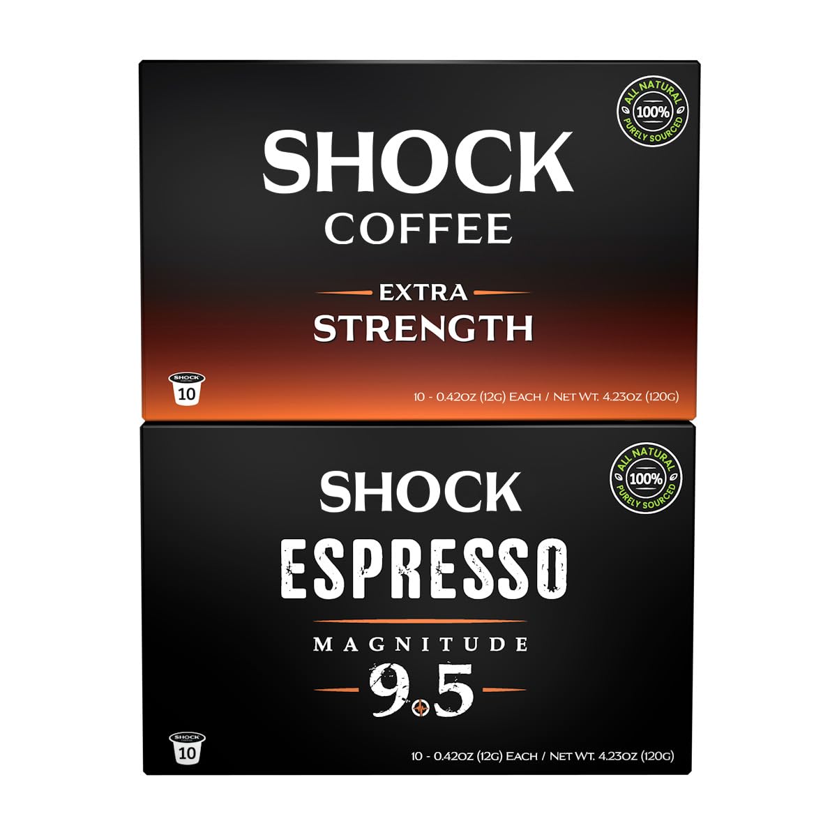 Shock Coffee Bold Variety Pack | Extra Strength & Espresso 9.5 | High Caffeine Single Serve Cups | Dark Roast | Premium Arabica | 20 ct (10 ct each)