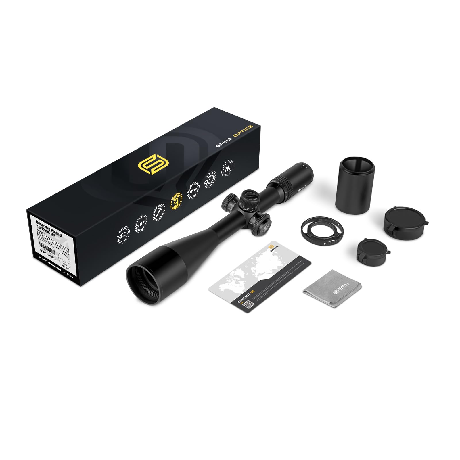 SPINA OPTICS WolfChase 5.5-22X56 FFP First Focal Plane Tactical Riflescopes 1/10 Mil Side Parallax Adjusting Turret Lock (with 20mm mounts)