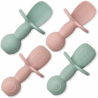Ginbear Platinum Silicone Baby Spoons for 6+ Months Self-Feeding, Soft Non-Toxic BLW Utensils, Teething Safe Training Spoons, Pack of 4 (Hazy Green/Pink)