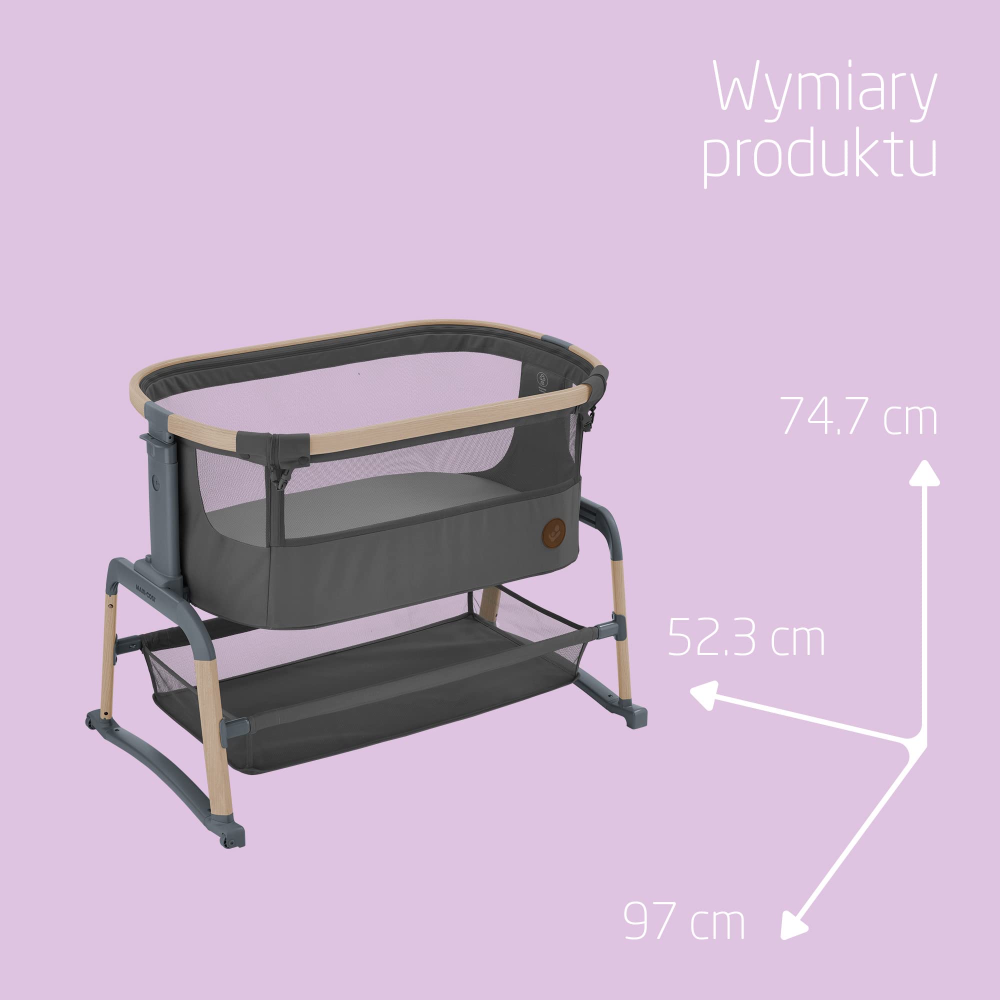 Maxi-Cosi Iora Air Łóżeczko Przystawka, Siatka do okoła, 0–6 mies., maks. 9 kg, Tryb bujania, 4 Poz. Odchylenia i 5 Wysokości, Łatwe Przesuwanie, Wygodny Materac, Łatwe Przenoszenie, Beyond Graphite