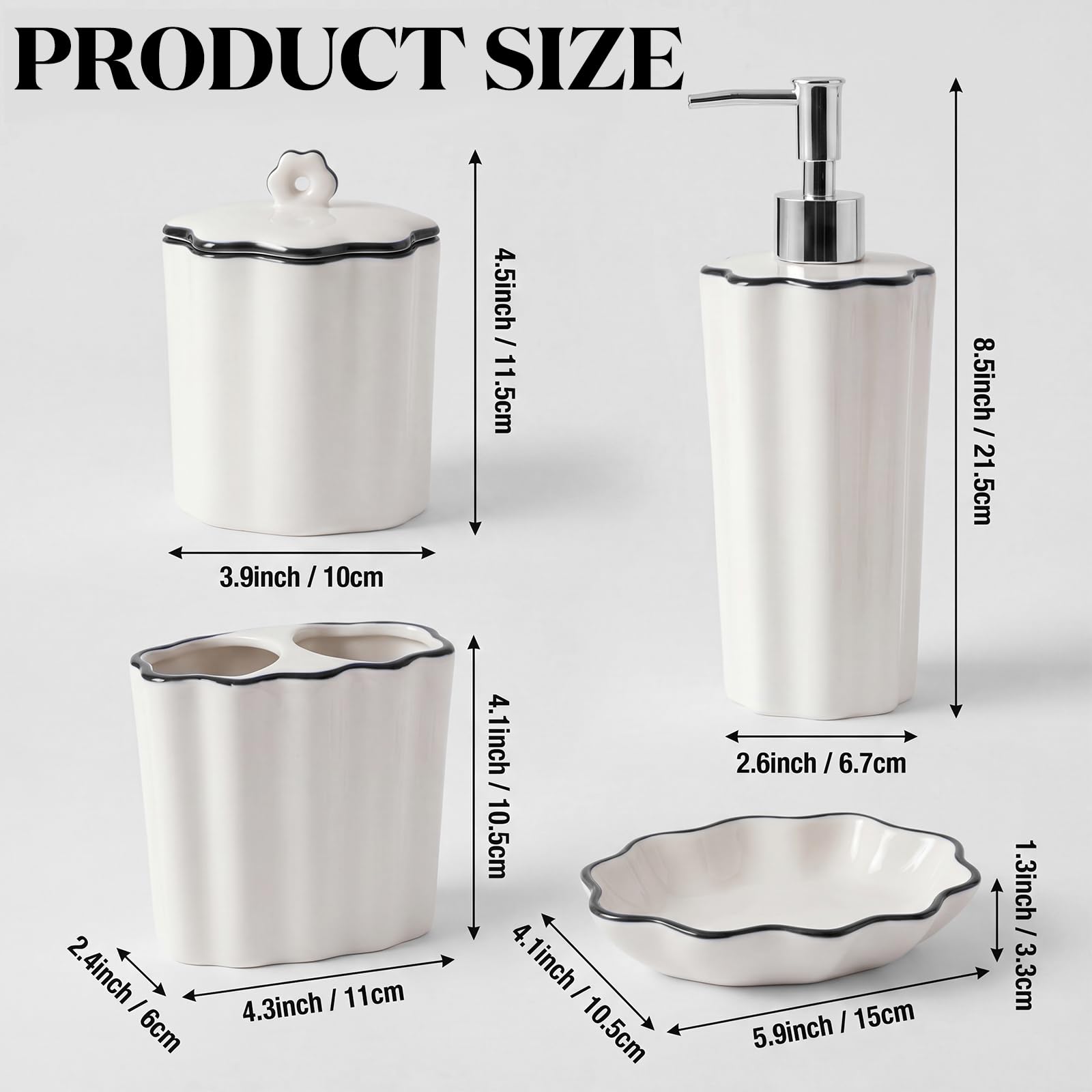 Zhehao 4-teiliges Badezimmer-Zubehör-Set aus Keramik, mit Zahnbürstenhalter, Seifenspender, Seifenschale, Wattestäbchen, Badezimmer, Arbeitsplatten-Organizer (schwarz)